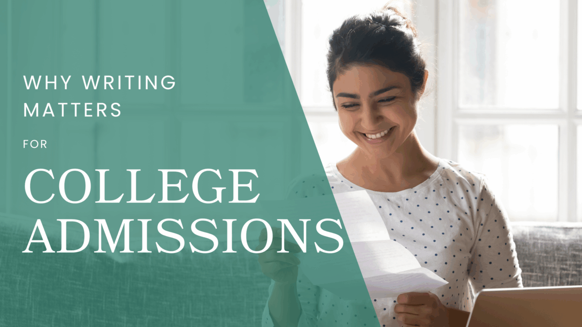 Student reviewing written work and reflecting on writing skills for college admissions
