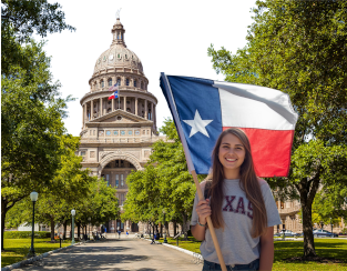 High school student holding a Texas flag in front of the Texas State Capitol.